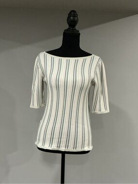 Ann Taylor White Top with Green and Gray Vertical Stripes